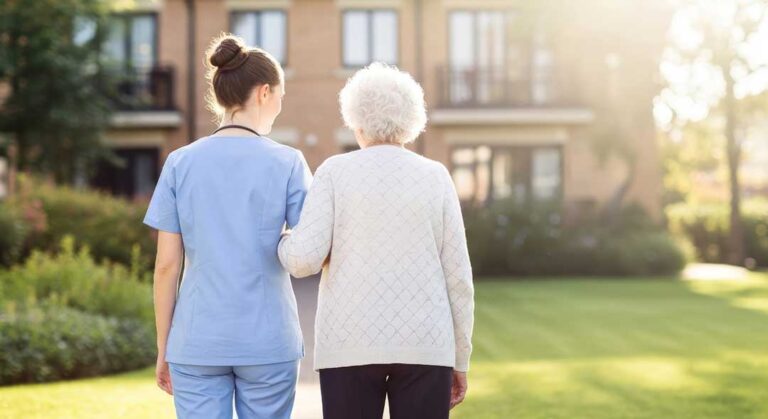 Caregiver helps an older resident walk through an assisted living hallway while reviewing a care chart.
